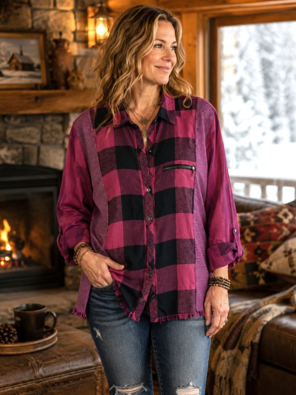 Upcycled Patchwork Flannel Shirt Mixed Print Button-Down Magenta Blouse Size M